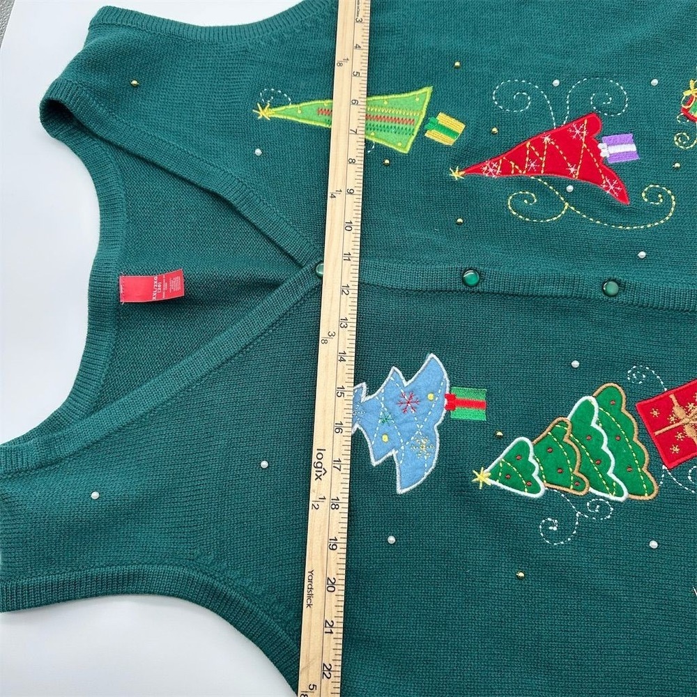 Women's Christmas Sweater Vest‎ Green Embroidered Holiday Trees Size 20 - Picture 2 of 6